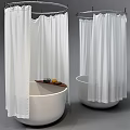 White Bathtub with White Shower Curtain and Wooden Tray Holding Bath Items