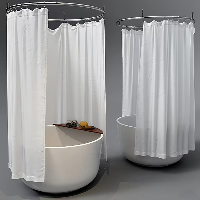 White Bathtub with White Shower Curtain and Wooden Tray Holding Bath Items 3d model