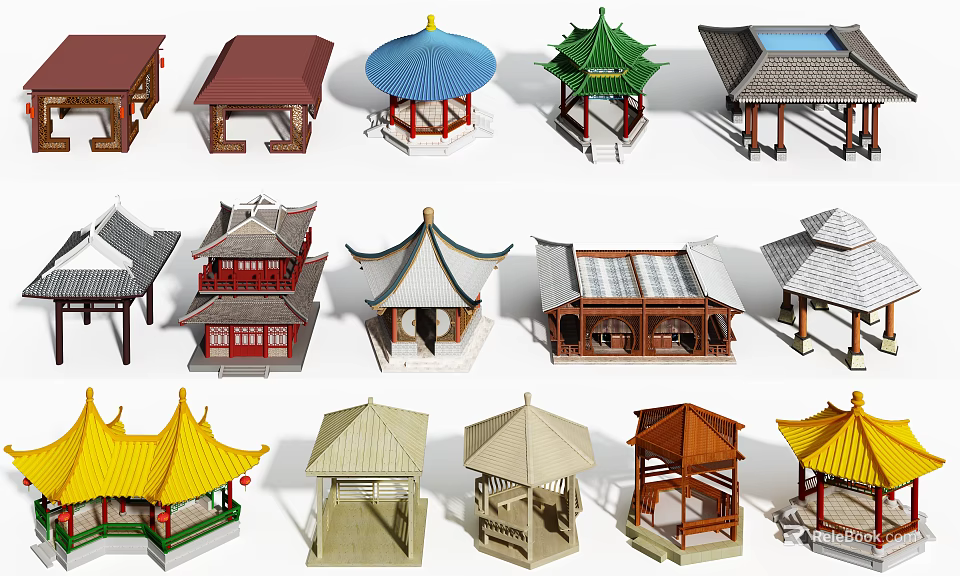 Traditional Chinese Pavilion Models with Various Roof Styles and Colorful Designs 3d model 
