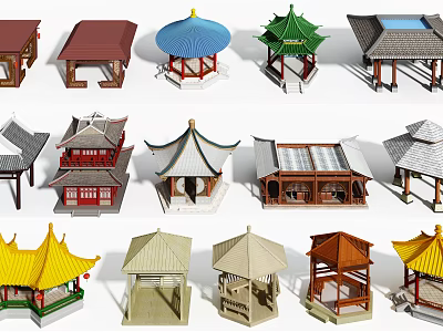 Traditional Chinese Pavilion Models with Various Roof Styles and Colorful Designs 3d model