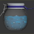 Transparent Round Spherical Glass Jar With Blue Liquid Silver Lid And Purple Ribbon