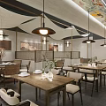 Traditional Japanese Restaurant Interior With Wooden Tables Chairs Hanging Lamps And Wall Art
