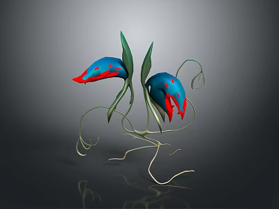 Exotic Plant With Blue Buds Red Tips Green Leaves And Curved Vines 3d model