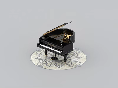 Black Grand Piano Musical Instrument On Patterned Circular Rug Interior Setting 3d model