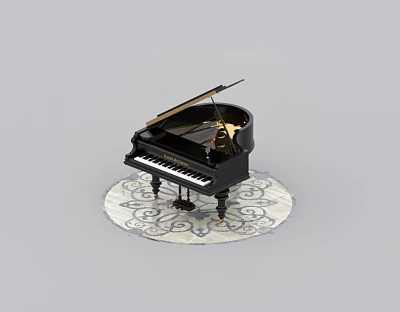 Black Grand Piano Musical Instrument On Patterned Circular Rug Interior Setting 3d model