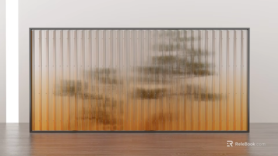 Transparent Gradient Partition With Vertical Stripes Orange Shade And Background Plants On Wooden Floor 3d model 