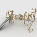 Wooden Children Playground With Slide Climbing Frame And Rope Structures 3d model