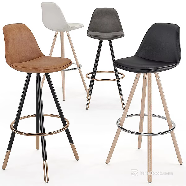 Modern Bar Stools With Different Colors Leather Seats And Metal Wooden Legs Round Footrest 3d model 