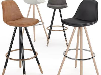 Modern Bar Stools With Different Colors Leather Seats And Metal Wooden Legs Round Footrest 3d model