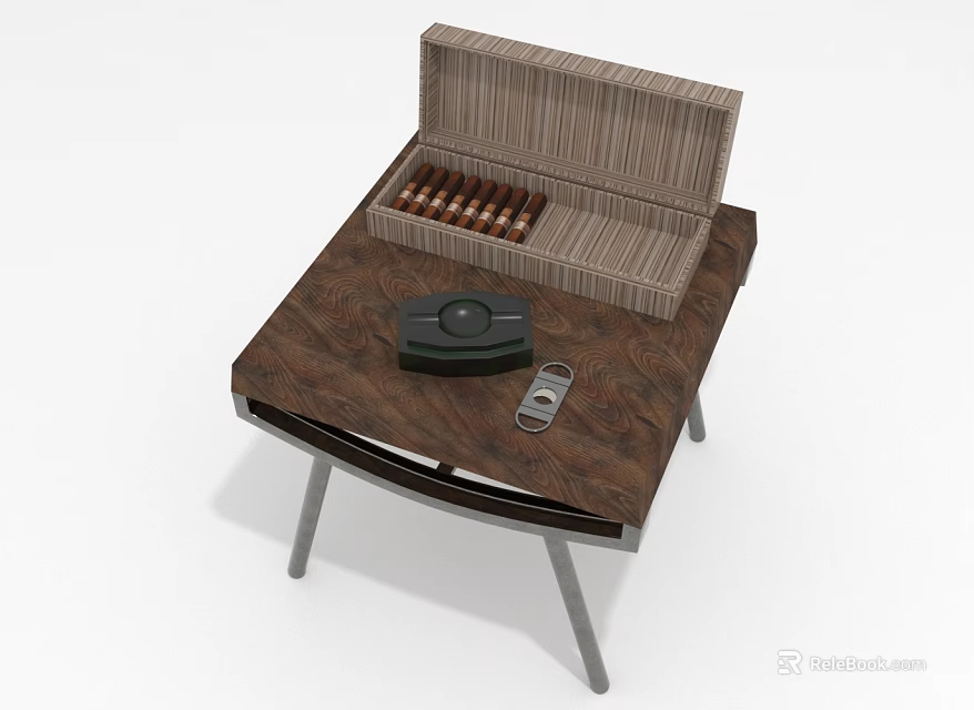 Open Wooden Box With Cigars On Table And Ashtray Lighter 3d model