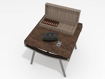 Open Wooden Box With Cigars On Table And Ashtray Lighter 3d model