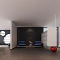Modern Office Corridor With White Walls Gray Floor Red Sphere Green Plants And Recessed Lighting
