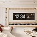 Modern Living Room Interior Featuring White Sofa Red Accent Chair Round Coffee Table TV Wall