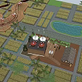 Rural Landscape Design With Farm Fields Pond Palm Trees And Traditional Cottages