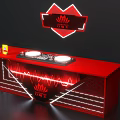 Red DJ Bar Counter With Neon Heart Lotus Logo And Equipment Drinks