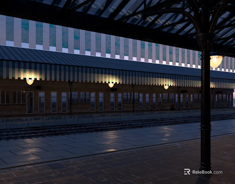 Well Lit Railway Station Platform Featuring Glass Canopy Tracks And Lamps 3d model 