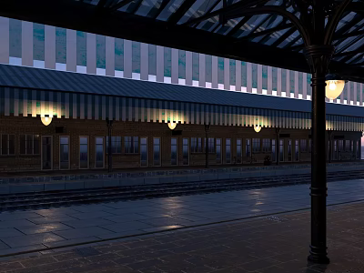 Well Lit Railway Station Platform Featuring Glass Canopy Tracks And Lamps 3d model