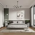 Modern Minimalist Bedroom With Gray Bed Nightstands Green Plants Deer Wall Art And Chandelier