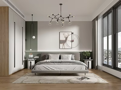 Modern Minimalist Bedroom With Gray Bed Nightstands Green Plants Deer Wall Art And Chandelier 3d model