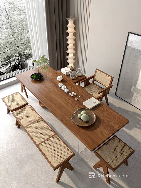 Wooden Tea Table and Chairs with Rattan Seats Tea Sets and Potted Plant in Natural Light 3d model 