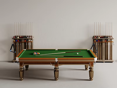 Entertainment Billiard Table With Green Felt Surface Wooden Frame Golden Legs Cue Racks And Balls 3d model