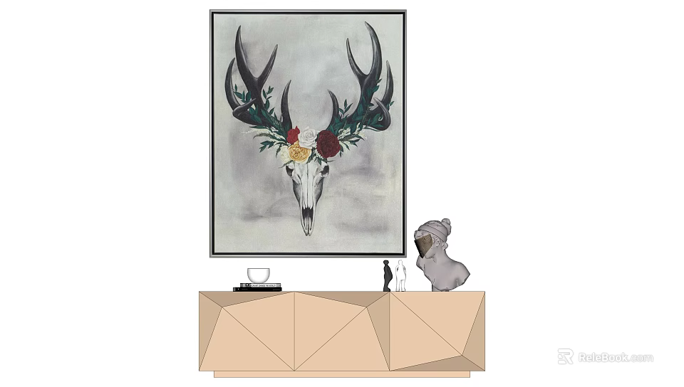 Deer Skull Decorative Art With Flowers And Green Plants Above Geometric Cabinet With Dog Statue 3d model 