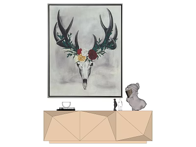 Deer Skull Decorative Art With Flowers And Green Plants Above Geometric Cabinet With Dog Statue 3d model