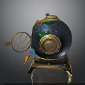 Ornamental Sphere Sculpture With Blue Green Surface Golden Base Circular Gold Element And Metal Frame