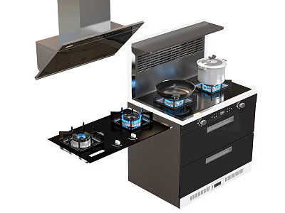 Modern Integrated Kitchen Cooktop Appliance With Gas Stove Range Hood And Pots 3d model