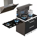 Modern Integrated Kitchen Cooktop Appliance With Gas Stove Range Hood And Pots