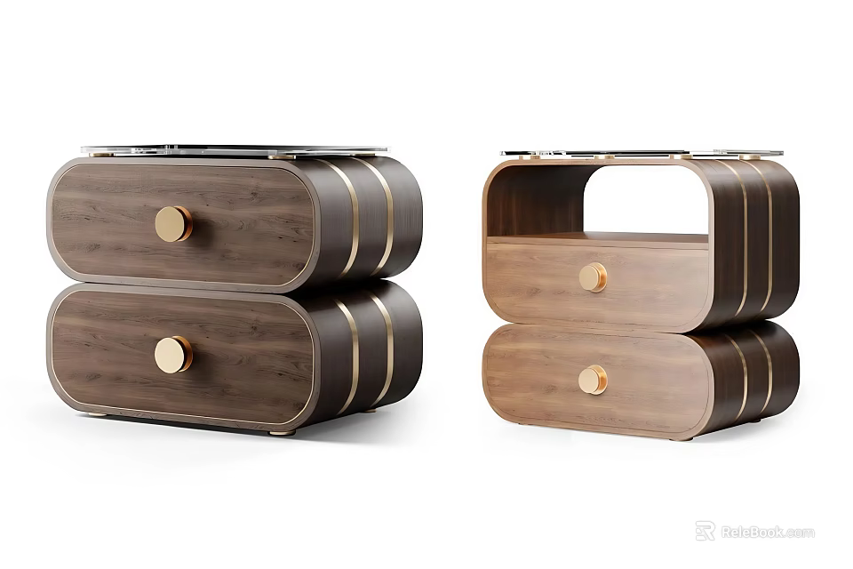 Modern Wooden Bedside Tables With Gold Knobs And Drawer Design 3d model 