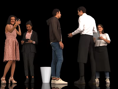 Group of People Interacting Standing with Tablets and Aprons on Black Background 3d model