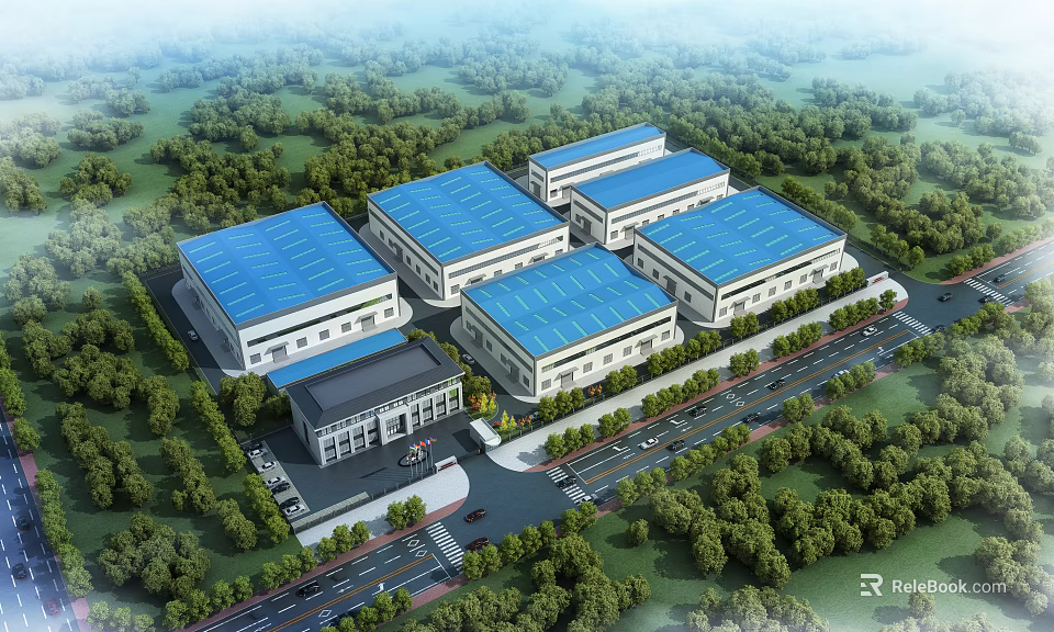 Industrial Factory Complex With Blue Roofs Surrounded By Green Trees Multiple Buildings Road And Entrance 3d model 