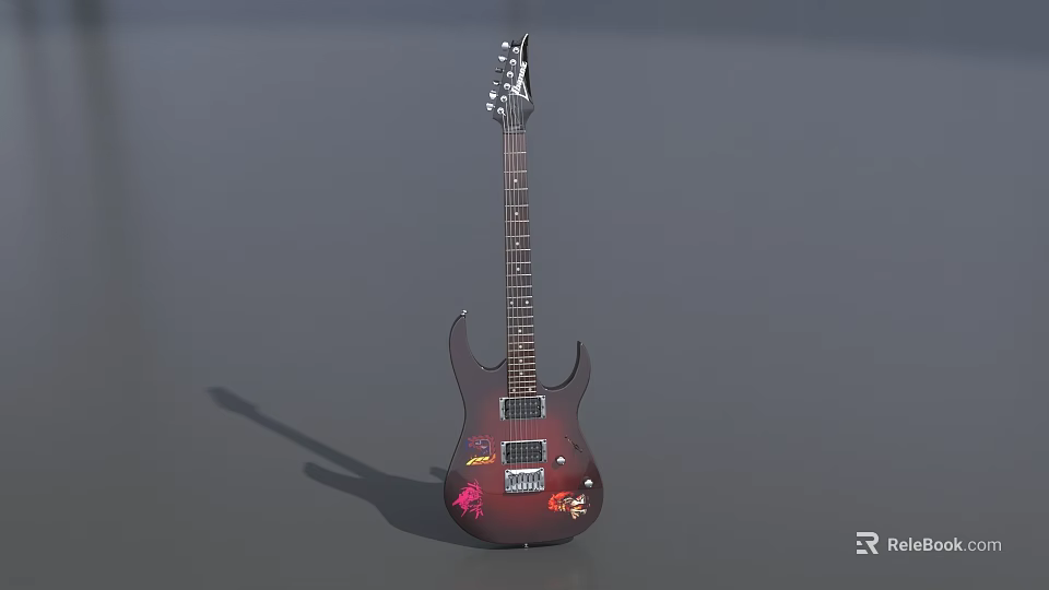Dark Red Electric Guitar With Art Supplies Painted Designs And Decorative Stickers 3d model 