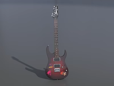 Dark Red Electric Guitar With Art Supplies Painted Designs And Decorative Stickers 3d model