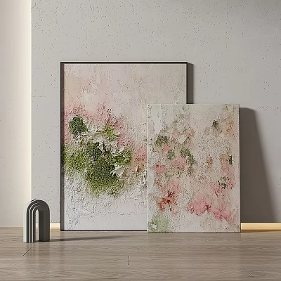 Textured Abstract Paintings With Pink Green And White Tones On Gray Wall 3d model