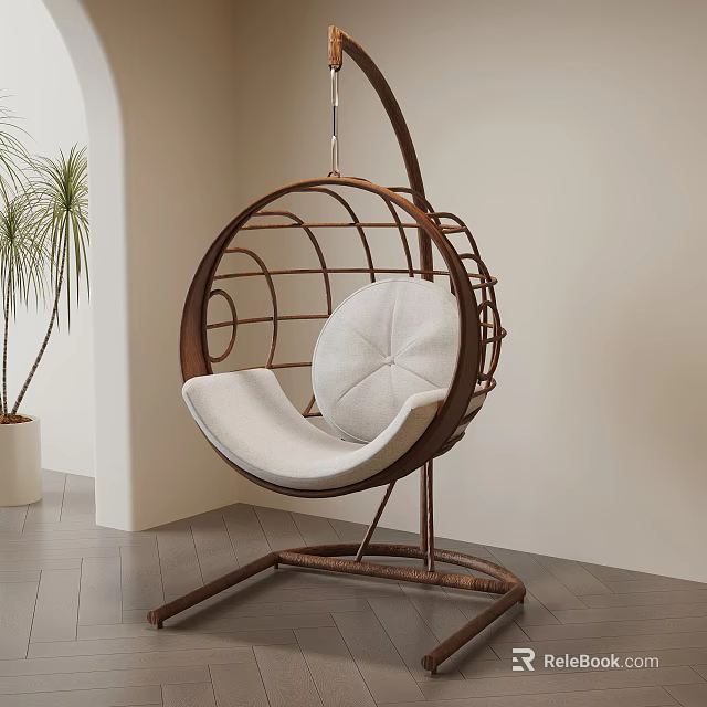 Stylish Hanging Leisure Chair With Metal Frame White Cushion And Indoor Plant 3d model 