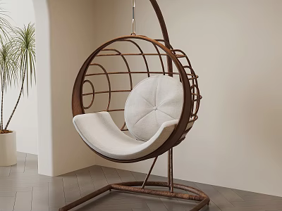 Stylish Hanging Leisure Chair With Metal Frame White Cushion And Indoor Plant 3d model