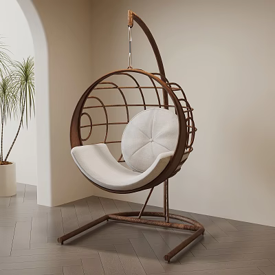 Stylish Hanging Leisure Chair With Metal Frame White Cushion And Indoor Plant 3d model