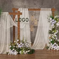 Elegant Floral Decoration Display with Wooden Frame White Curtains Hanging Lanterns and Purple White Flowers