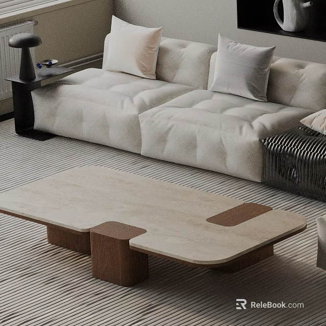 Modern Living Room Sofa And Coffee Table Set With Light Fabric And Wooden Legs 3d model 