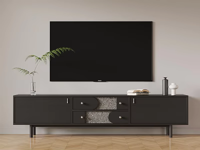 Black Modern TV Stand with Large Flat Screen TV Decorative Vase Books and Storage Drawers 3d model