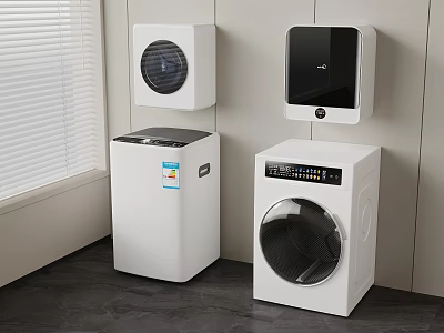 Modern Home Laundry Room Featuring Front Load Top Load And Wall Mounted White Washing Machines 3d model