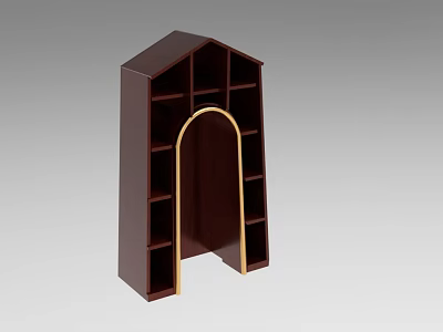 Dark Wooden Art Installation With Arched Opening Gold Accents And Multiple Compartments 3d model