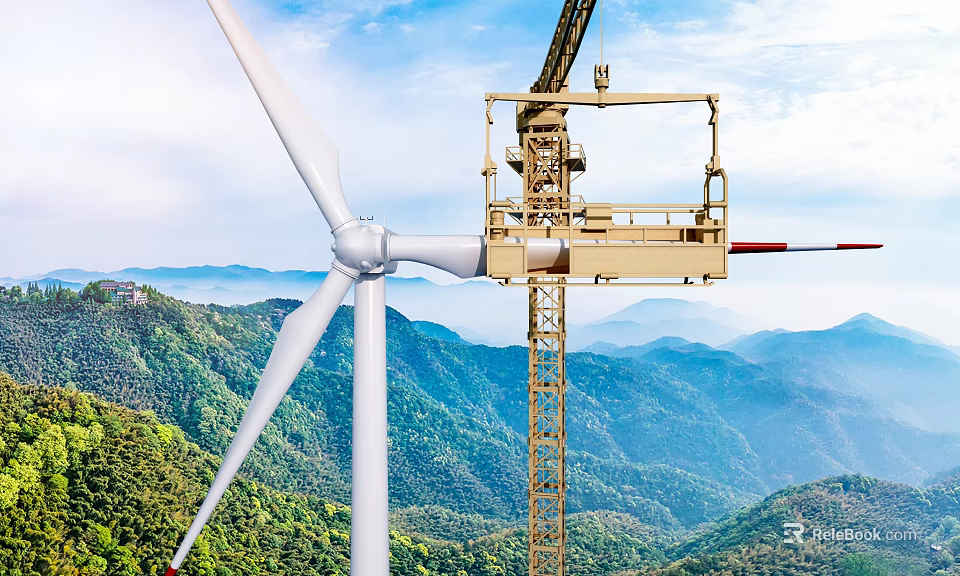 Industrial Equipment Featuring Wind Turbine And Crane In Scenic Mountain Green Vegetation 3d model 
