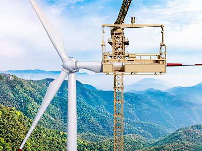Industrial Equipment Featuring Wind Turbine And Crane In Scenic Mountain Green Vegetation 3d model