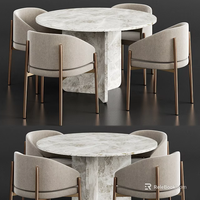 Modern Round Dining Table Set With Marble Tabletop And Upholstered Chairs With Metal Legs 3d model 