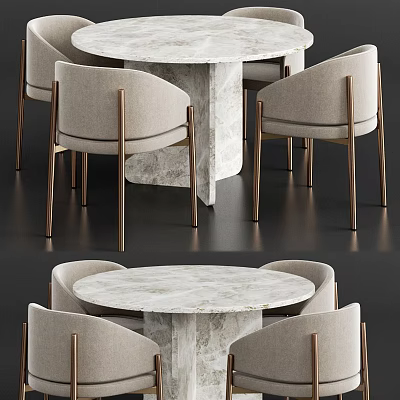 Modern Round Dining Table Set With Marble Tabletop And Upholstered Chairs With Metal Legs 3d model