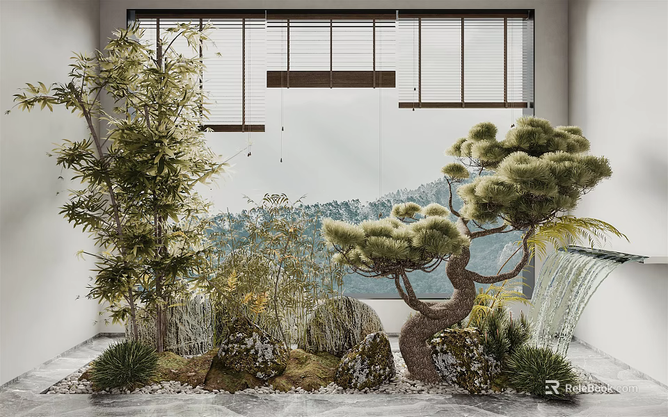 Modern Indoor Garden Decor With Pine Tree Bamboo Rocks And Small Waterfall 3d model 