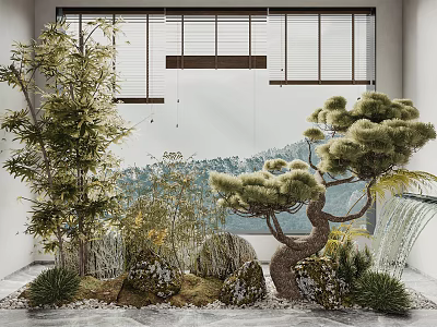Modern Indoor Garden Decor With Pine Tree Bamboo Rocks And Small Waterfall 3d model